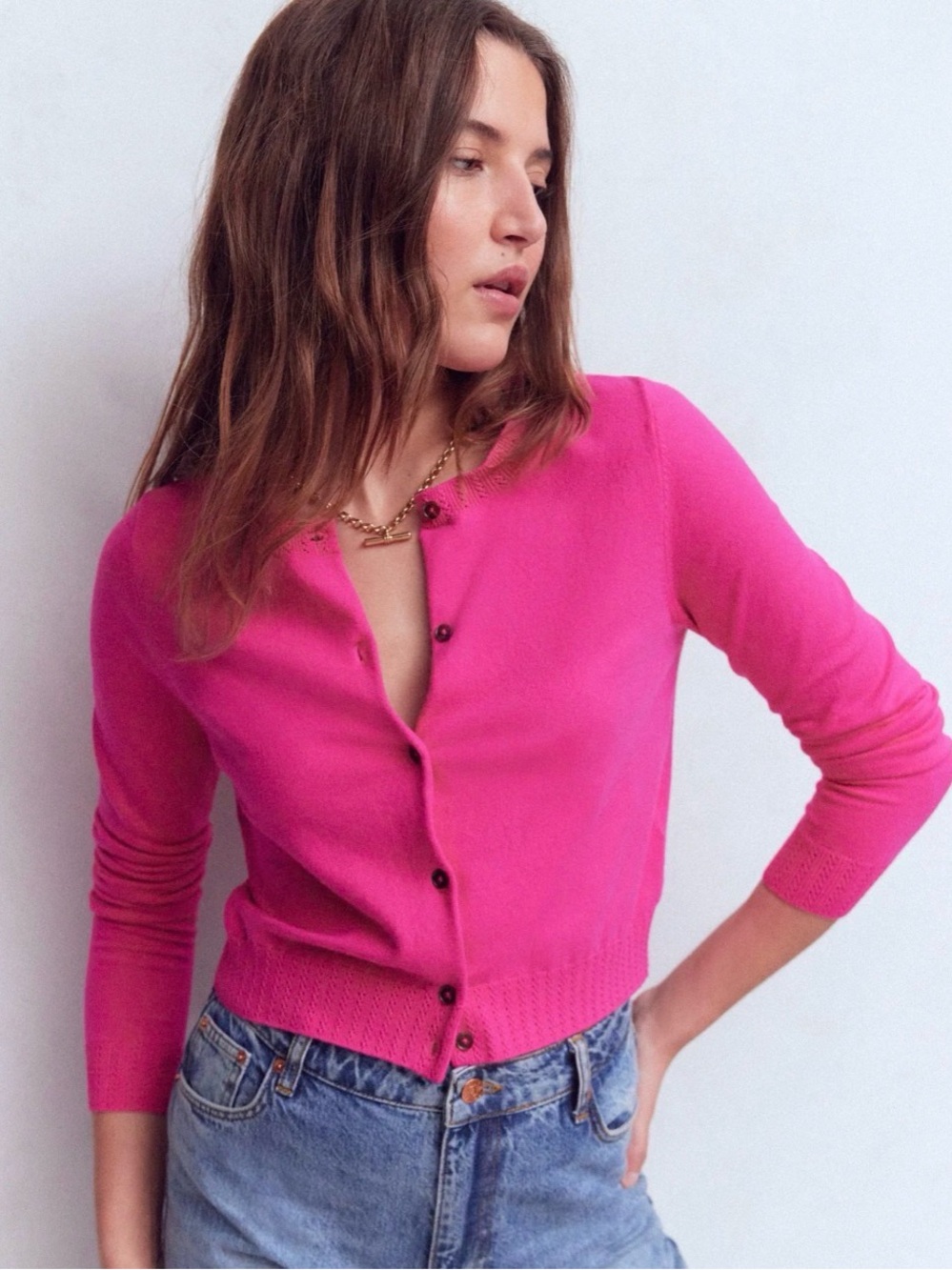 Boden Emilia Cotton Crew Cardigan Pink Peony Size M Preppy Classic